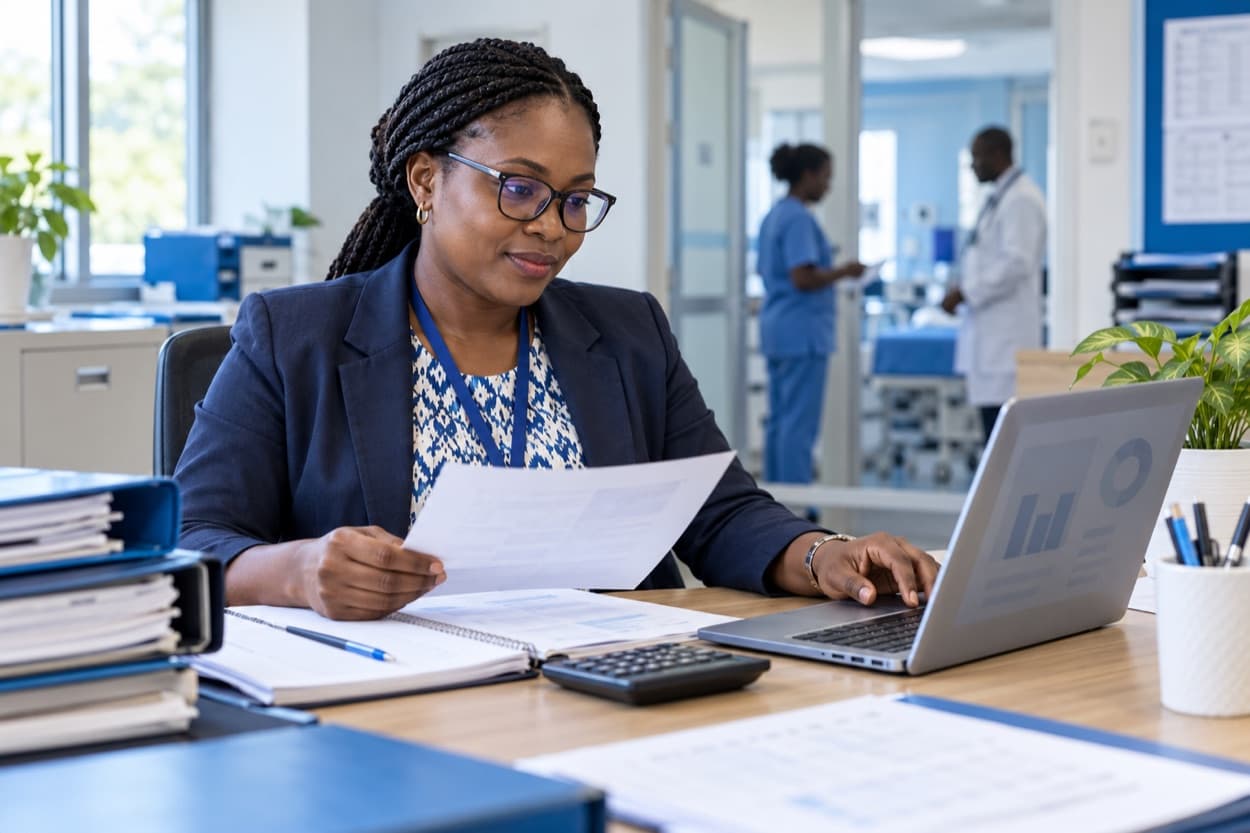 Hospital finance professional reviewing paperwork and a laptop